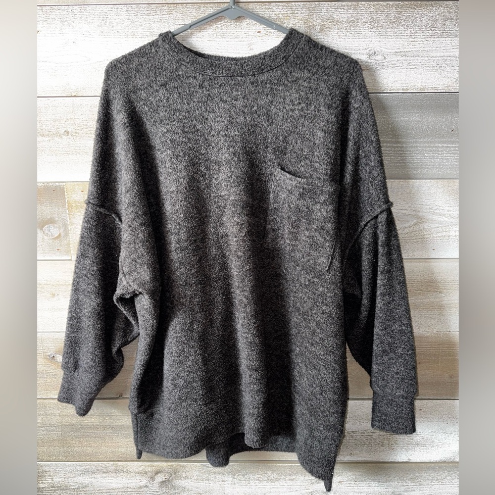 Zenana Outfitters Charcoal Gray Crew Neck Pocket Sweater